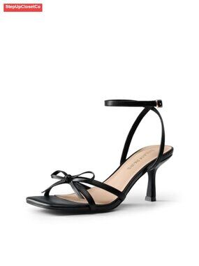 Square Toe Strappy Kitten Heel Sandals with Bow Ankle Strap